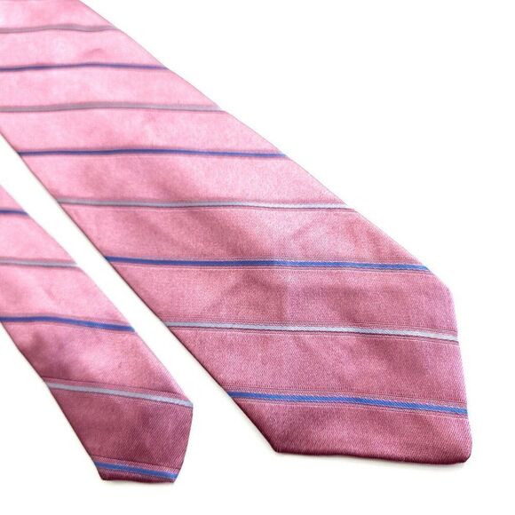 Vintage Givenchy‎ Monsieur Pink Blue Striped Woven Polyester Long Silk Tie - Picture 1 of 8